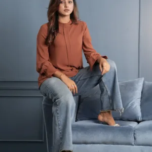 Frill Neck Pleated Button Up Blouse